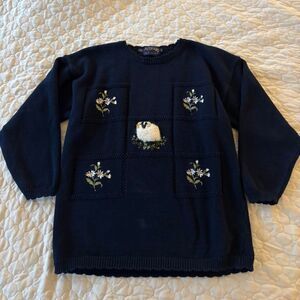 Acorn Women’s Vintage Navy Blue Cottagecore Sweater w/ Embroidery Size L